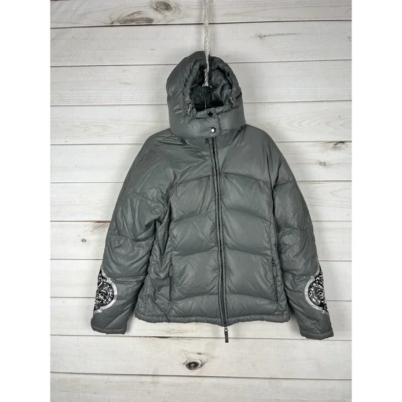 Athleta Down Puffer Jacket Womens Medium Gray Removable Hood Print Ski Outdoor - Picture 1 of 9